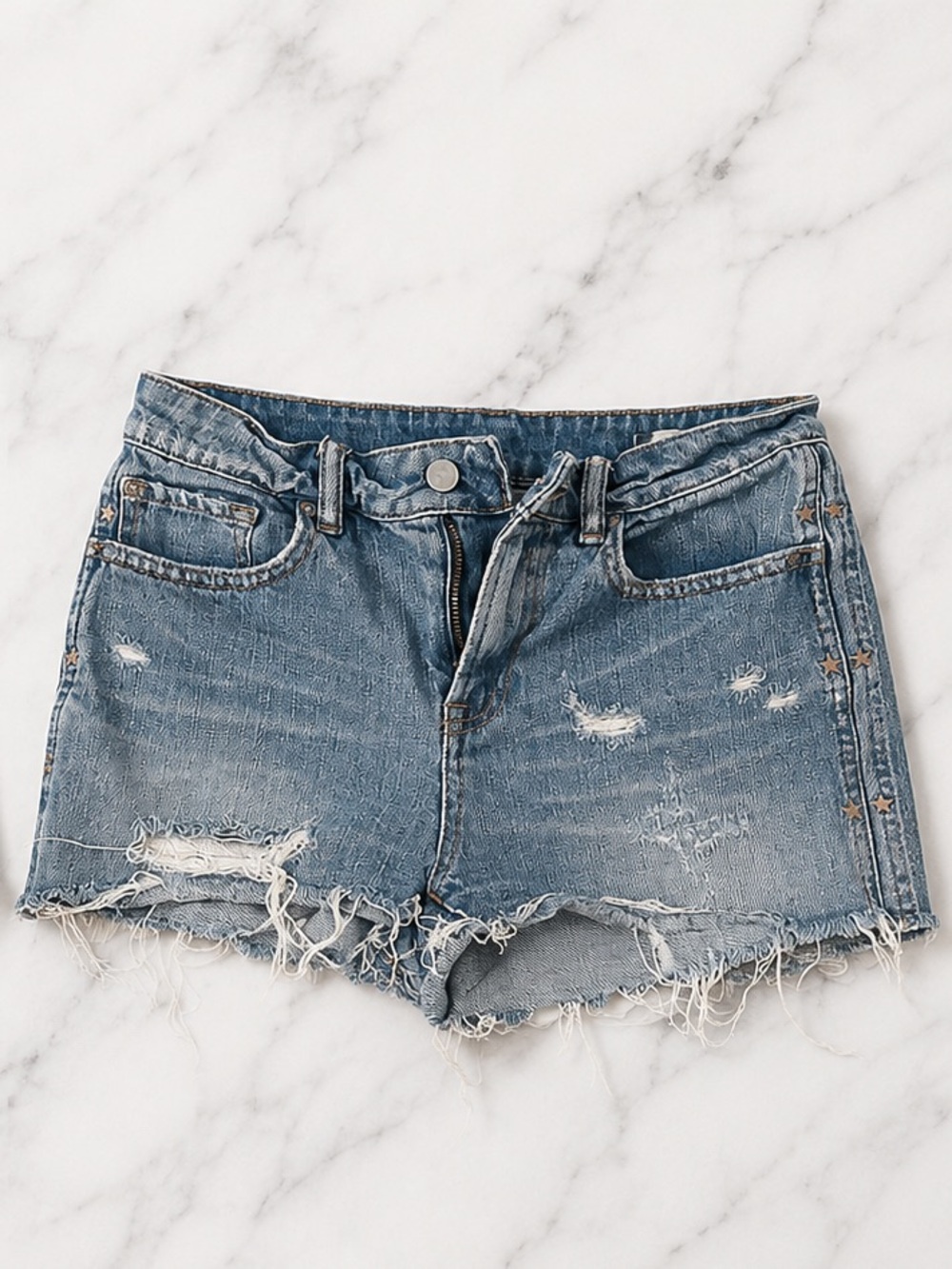 All Saints Distressed Light Blue Denim Shorts with Frayed Hem and Star detail